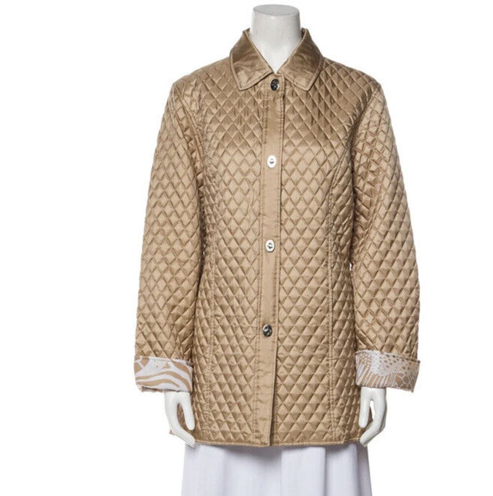 Dennis Basso Gold Tan Quilted Silk Twill Water Resistant Jacket QVC 1x